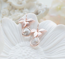 Load image into Gallery viewer, Rose Gold Clear Crystal Earrings, Rose Gold Orchid Flower Earrings, Wedding Jewelry, Bridesmaid Earrings, Bridesmaid Gift, April Birthstone
