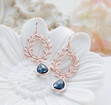 Load image into Gallery viewer, Rose Gold Sapphire Navy Blue Earrings, Rose Gold Wedding Bridal Earrings, Navy Blue Wedding Jewelry, Bridesmaid Earrings, Wreath Earrings
