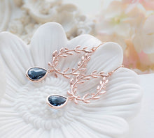 Load image into Gallery viewer, Rose Gold Sapphire Navy Blue Earrings, Rose Gold Wedding Bridal Earrings, Navy Blue Wedding Jewelry, Bridesmaid Earrings, Wreath Earrings
