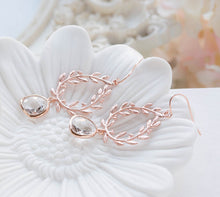 Load image into Gallery viewer, Rose Gold Laurel Wreath Earrings with Clear Crystal Glass Drops, Rose Gold Wedding Bridal Earrings, Bridesmaid Gift, Rose Gold Jewelry
