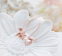 Load image into Gallery viewer, Rose Gold Orchid Flower Long Dangle Earrings. Rose Gold Wedding Bridal Earrings, Bridesmaid Earrings, Maid of Honor Gift, Gift for her
