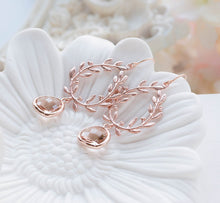 Load image into Gallery viewer, Rose Gold Laurel Wreath Earrings with Peach Champagne Glass Drops, Rose Gold Wedding Bridal Earrings, Bridesmaid Gift, Rose Gold Jewelry
