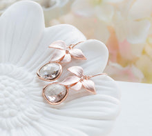 Load image into Gallery viewer, Rose Gold Earrings, Bridal Earrings, Rose Gold Wedding Jewelry, Bridesmaid Earrings Gift, Orchid flower Clear Crystal, April Birthstone
