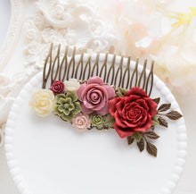 画像をギャラリービューアに読み込む, Dark Red Burgundy Dusty Rose Moss Green Bridal Hair Comb, Floral Hair Slide, Leaf Branch Floral Hair Piece, Country Wedding, Garden Wedding
