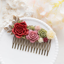 画像をギャラリービューアに読み込む, Dark Red Burgundy Dusty Rose Moss Green Bridal Hair Comb, Floral Hair Slide, Leaf Branch Floral Hair Piece, Country Wedding, Garden Wedding
