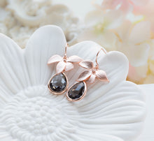 Load image into Gallery viewer, Gray Glass Teardrop Rose Gold Orchid Flower Dangle Earrings, Rose Gold Jewelry, Bridesmaid Gift, Birthday Gift for wife, Gift for Mom,
