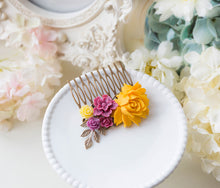 Load image into Gallery viewer, Yellow Plum Wedding Bridal Hair Comb Rose Flower Collage Comb Garden Country Wedding Floral Hair Accessory Bridal Party Bridesmaid Gift
