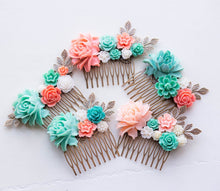 Load image into Gallery viewer, Blush Pink Turquoise Aqua Teal Blue Ivory Country Wedding Hair Comb Bridal Hairpiece Brass Leaf Branch Comb Bridal Party Bridesmaid Gift
