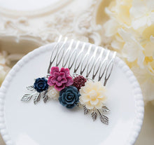 画像をギャラリービューアに読み込む, Navy Blue Plum Ivory Wedding Bridal Hair Comb, Maroon Burgundy Navy Floral Silver Hair Comb, Bridal Hair Piece, Bridal Party Bridesmaid Gift
