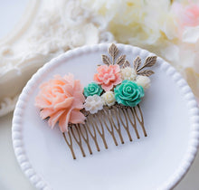 Load image into Gallery viewer, Blush Pink Turquoise Aqua Teal Blue Ivory Country Wedding Hair Comb Bridal Hairpiece Brass Leaf Branch Comb Bridal Party Bridesmaid Gift
