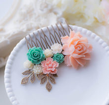 Load image into Gallery viewer, Blush Pink Turquoise Aqua Teal Blue Ivory Country Wedding Hair Comb Bridal Hairpiece Brass Leaf Branch Comb Bridal Party Bridesmaid Gift
