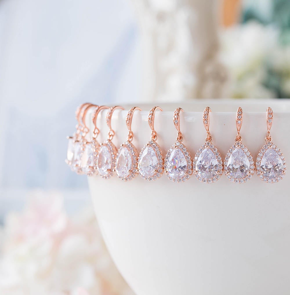 Set of 6 Rose Gold Bridesmaid Earrings 15% OFF, Teardrop Clear Crystal Cubic Zirconia Wedding Earrings, Bridal Earrings, Bridesmaid Gift