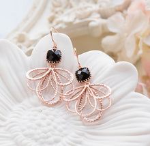 Load image into Gallery viewer, Black Crystal Rose Gold Filigree Dangle Earrings
