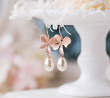 Load image into Gallery viewer, Rose Gold Orchid Flower Cream White Teardrop Pearls Dangle Earrings Rose Gold Wedding Jewelry Bridal Earrings Bridesmaid Gift labor day sale
