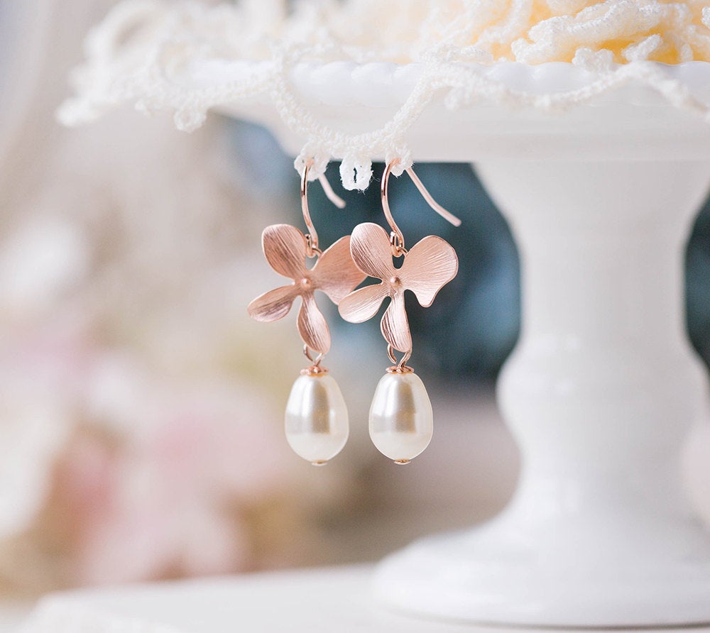 Rose Gold Orchid Flower Cream White Teardrop Pearls Dangle Earrings Rose Gold Wedding Jewelry Bridal Earrings Bridesmaid Gift labor day sale