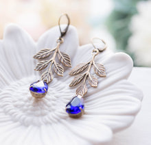 Load image into Gallery viewer, Brass Leaf Earrings Sapphire Blue Rhinestone Crystals Earrings, Woodland Garden Wedding Bridal Earrings, September Birthstone Jewelry
