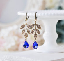 Load image into Gallery viewer, Brass Leaf Earrings Sapphire Blue Rhinestone Crystals Earrings, Woodland Garden Wedding Bridal Earrings, September Birthstone Jewelry
