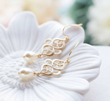 Load image into Gallery viewer, Matte Gold Celtic Knot Earrings Filigree Cream White Teardrop Pearl Dangle Earrings Wedding Bridal Earring Eternity infinity jewelry
