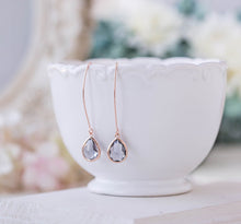 Load image into Gallery viewer, Rose Gold Grey Glass Crystal Long Dangle Earrings Wedding Jewelry Bridesmaid Gift Gray Earrings Rose Gold Jewelry Bridal Party Gift for her
