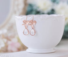 Load image into Gallery viewer, Rose Gold Orchid Flower Clear Crystal Earrings Wedding Bridal Jewelry Bridesmaid Earrings Bridal Party Bridesmaid Gift April Birthstone
