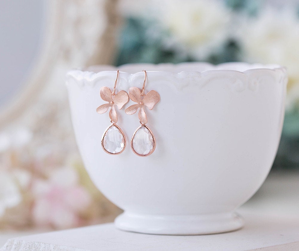 Rose Gold Orchid Flower Clear Crystal Earrings Wedding Bridal Jewelry Bridesmaid Earrings Bridal Party Bridesmaid Gift April Birthstone