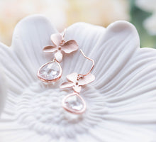 Load image into Gallery viewer, Rose Gold Orchid Flower Clear Crystal Earrings Wedding Bridal Jewelry Bridesmaid Earrings Bridal Party Bridesmaid Gift April Birthstone
