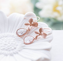 Load image into Gallery viewer, Rose Gold Orchid Flower Clear Crystal Earrings Wedding Bridal Jewelry Bridesmaid Earrings Bridal Party Bridesmaid Gift April Birthstone
