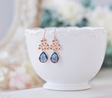 Load image into Gallery viewer, Rose Gold Lilac Flower Navy Blue Crystal Dangle Earrings Sapphire Navy Blue Wedding Jewelry Bridal Earrings Bridal Party Bridesmaid Gift
