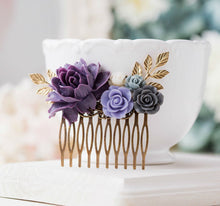 画像をギャラリービューアに読み込む, Purple Wedding Hair Comb Purple Grey Ivory Floral Bridal Hair Comb Gold Leaf Branch Bridal Hair Piece Bridesmaid Gift
