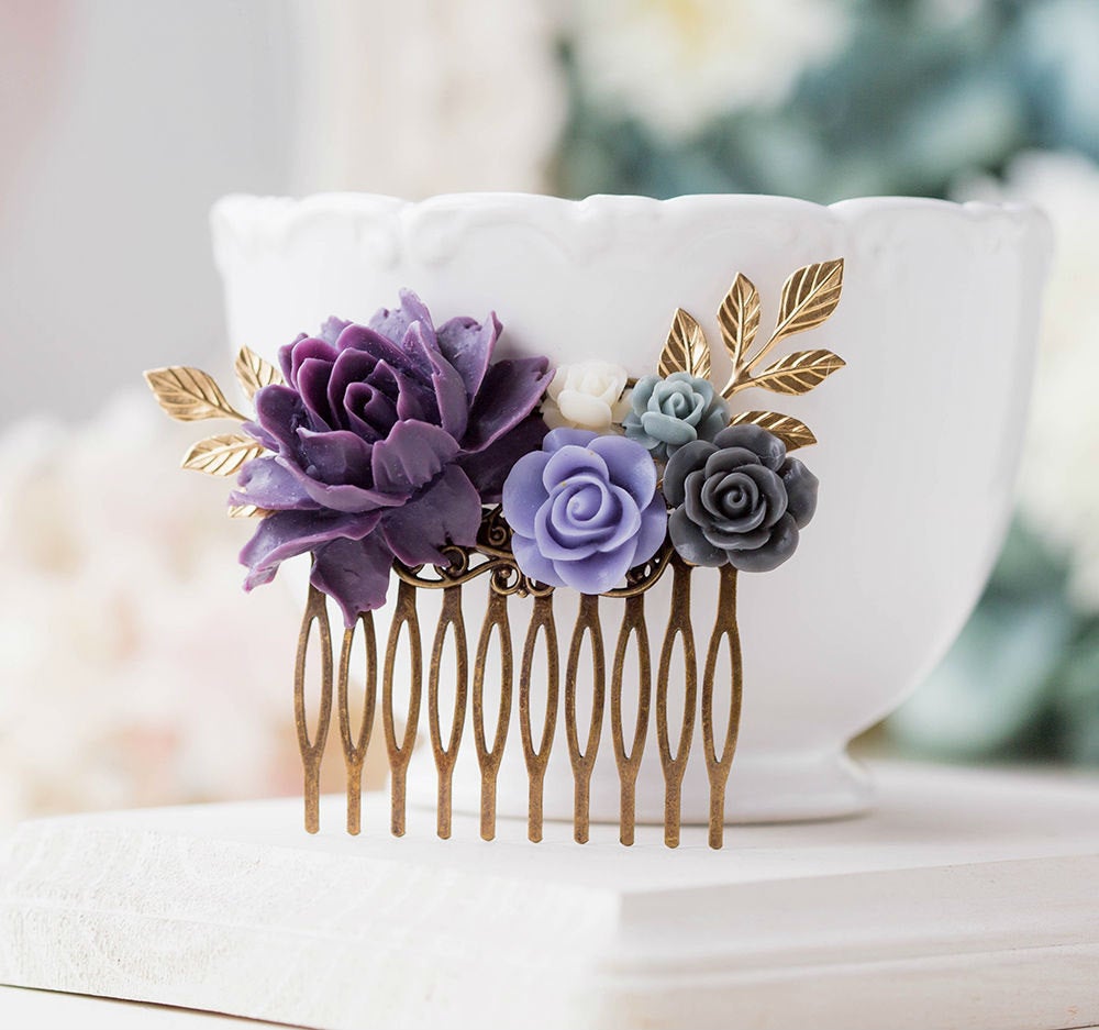 Purple Wedding Hair Comb Purple Grey Ivory Floral Bridal Hair Comb Gold Leaf Branch Bridal Hair Piece Bridesmaid Gift