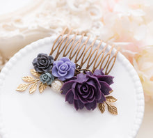 画像をギャラリービューアに読み込む, Purple Wedding Hair Comb Purple Grey Ivory Floral Bridal Hair Comb Gold Leaf Branch Bridal Hair Piece Bridesmaid Gift
