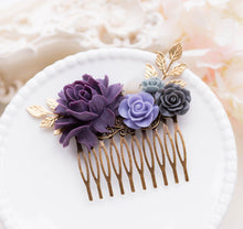 画像をギャラリービューアに読み込む, Purple Wedding Hair Comb Purple Grey Ivory Floral Bridal Hair Comb Gold Leaf Branch Bridal Hair Piece Bridesmaid Gift
