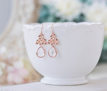 Load image into Gallery viewer, Rose Gold Lilac Flower Clear Crystal Dangle Earrings Wedding Jewelry Bridal Earrings Bridal Party Bridesmaids Earrings Maid of Honor Gift
