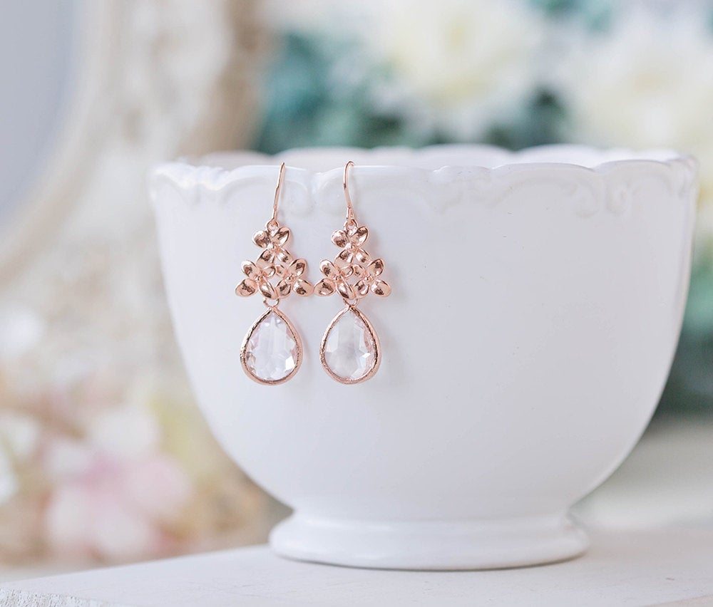 Rose Gold Lilac Flower Clear Crystal Dangle Earrings Wedding Jewelry Bridal Earrings Bridal Party Bridesmaids Earrings Maid of Honor Gift