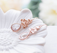 Load image into Gallery viewer, Rose Gold Lilac Flower Clear Crystal Dangle Earrings Wedding Jewelry Bridal Earrings Bridal Party Bridesmaids Earrings Maid of Honor Gift
