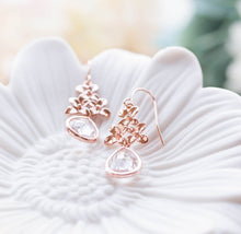 Load image into Gallery viewer, Rose Gold Lilac Flower Clear Crystal Dangle Earrings Wedding Jewelry Bridal Earrings Bridal Party Bridesmaids Earrings Maid of Honor Gift
