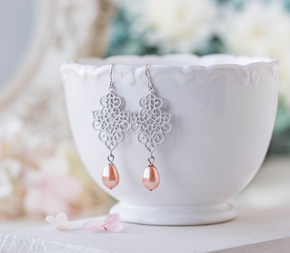 Peach Wedding Silver Bridal Earrings Lace Filigree Peach Teardrop Pearl Dangle Earrings Silver Wedding Jewelry Bridesmaid Earrings Gift