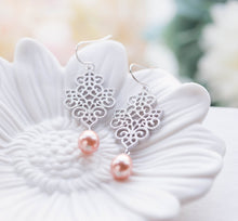 Load image into Gallery viewer, Peach Wedding Silver Bridal Earrings Lace Filigree Peach Teardrop Pearl Dangle Earrings Silver Wedding Jewelry Bridesmaid Earrings Gift
