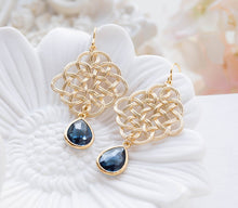 Load image into Gallery viewer, Navy Blue Crystal Gold Celtic Knot Earrings, sapphire jewelry, Infinity Earrings, Bridesmaid gift, Wedding Jewelry, September birthstone
