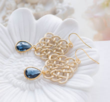 Load image into Gallery viewer, Navy Blue Crystal Gold Celtic Knot Earrings, sapphire jewelry, Infinity Earrings, Bridesmaid gift, Wedding Jewelry, September birthstone
