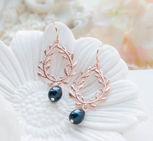 Load image into Gallery viewer, Navy Blue Teardrop Pearl Rose Gold Laurel Wreath Earrings, Navy Blue Wedding Rose Gold Wedding Earrings, Bridal Earrings, Bridesmaid Earring
