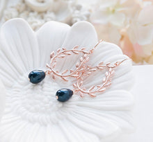 Load image into Gallery viewer, Navy Blue Teardrop Pearl Rose Gold Laurel Wreath Earrings, Navy Blue Wedding Rose Gold Wedding Earrings, Bridal Earrings, Bridesmaid Earring
