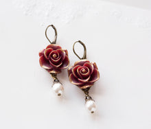 Load image into Gallery viewer, Dark Red Burgundy Rose Cream White Pearl Earrings, Burgundy Marsala Maroon Wedding Bridal Earrings, Bridesmaid Earrings, Bridesmaid Gift
