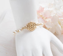 Load image into Gallery viewer, Bridal Bracelet, Gold Celtic Knot Swarovski Cream White Pearls Adjustable Bracelet. Wedding Bracelet, Bridesmaid Bracelet, Bridesmaid Gift
