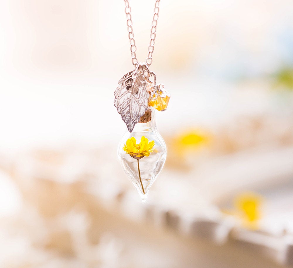 Yellow Flower miniature Terrarium Necklace November Birthday Birthstone Topaz Jewelry Silver Leaf Teardrop Glass Bottle Pendant gift for her