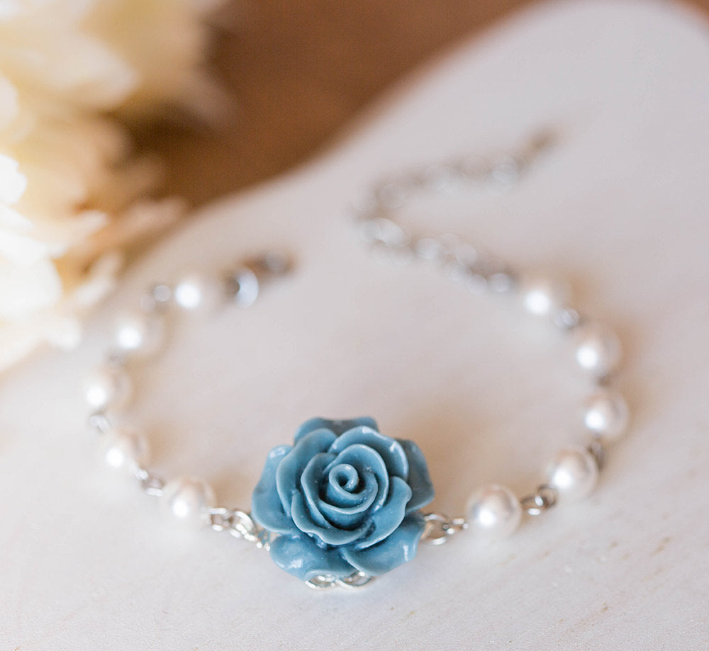 Bridesmaid Bracelet Flower Girl Bracelet Dusty Blue French Blue Rose White Pearls Bracelet Something Blue Wedding Silver Bridal Jewelry