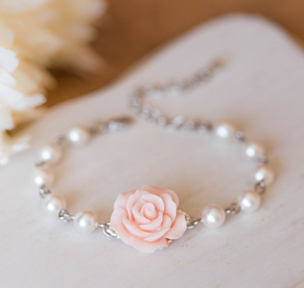 Bridesmaid Bracelet Flower Girl Bracelet Blush Pink Wedding Bridal Bracelet Soft Pink Rose White Pearls Adjustable Bracelet Wedding Jewelry