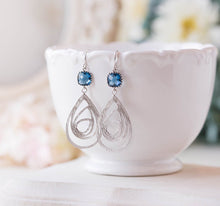 Load image into Gallery viewer, Navy Blue Earrings, Silver Filigree sapphire Glass crystal, September birthstone, Wedding Bridal Earrings, Bridesmaid Gift, Gift for her
