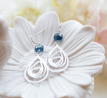 Load image into Gallery viewer, Navy Blue Earrings, Silver Filigree sapphire Glass crystal, September birthstone, Wedding Bridal Earrings, Bridesmaid Gift, Gift for her
