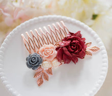 Load image into Gallery viewer, Rose Gold Dark Red Maroon Burgundy Marsala Wedding Bridal Hair Comb, Red Gray Dusty Pink Rose Flower Leaf Branch Hairpiece, Bridesmaid Gift
